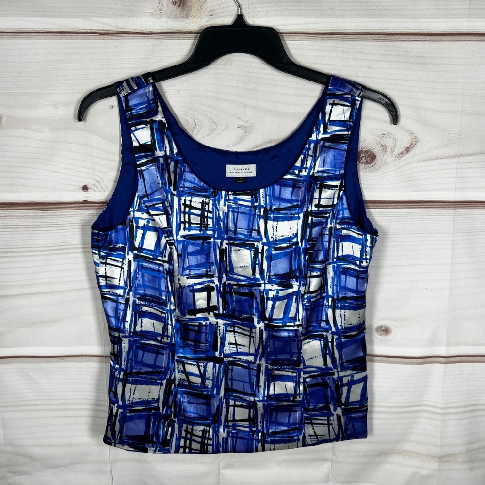 Tahari Arthur S. Levine Tank Women Size 12 Blue Abstract Sleeveless Satin Blouse